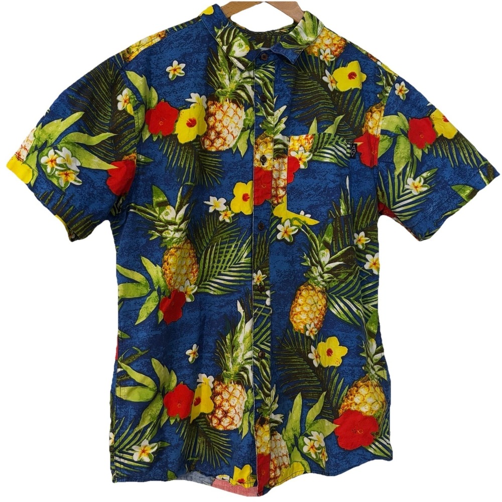 EMPYRE SUPPLY Men L Hawaiian Shirt  Tropical Floral Pineapple Resort 100% Cotton